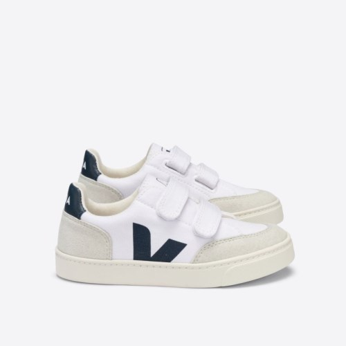 Veja V-12 Velcro Canvas Kids Trainers White/Navy UK 64586